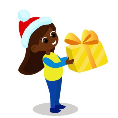 Girl holding a Christmas gift box in her hands. The child is wearing a Santa Claus hat. Character design isolated on white background.