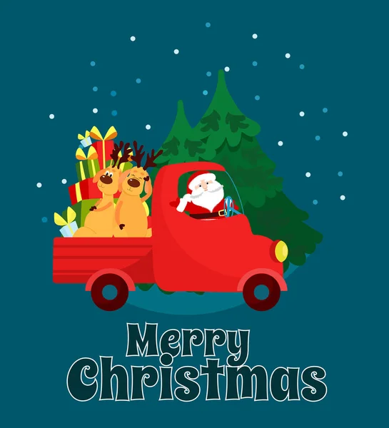 Santa Claus Runs Rides Truck Reindeer Text Merry Christmas Christmas — Stock Vector