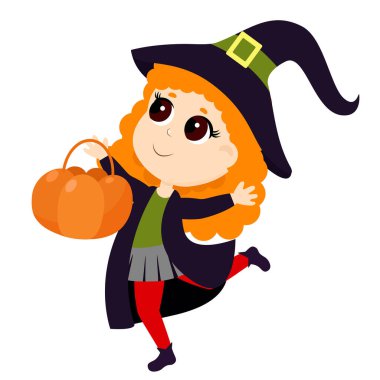 Kızıl saçlı sevimli bir cadı. Kız cadı kostümü giymiş ve şeker niyetine bir sepet balkabağıyla koşuyor. Tema tasarımı için çizgi film tarzında Cadılar Bayramı karakteri.