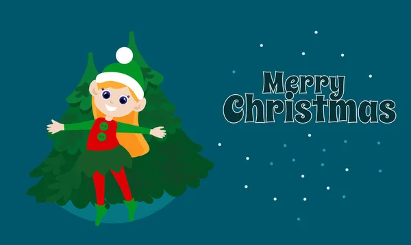 Alvejenta Står Lykkelig Bak Juletrærne Postkort Tegnefilmstil Tekst God Jul – stockvektor