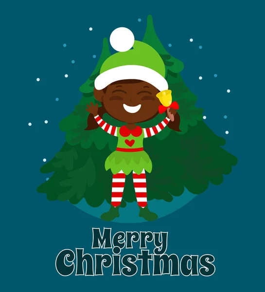 Postcard Girl Elf Cartoon Style Background Christmas Trees Text Merry — Stock Vector