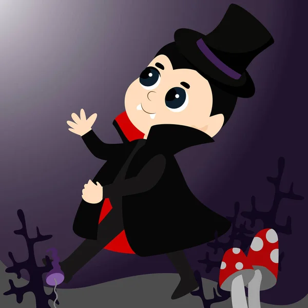 Petit Garçon Vêtu Costume Vampire Court Joyeusement Avec Panier Citrouilles — Image vectorielle