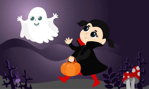 Une Petite Fille Mignonne Vêtue Costume Vampire Court Joyeusement Avec — Image vectorielle