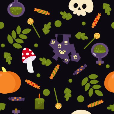 Cadılar Bayramı için örnek. Yapraklar, kafatası, iksir, mumlar, balkabağı şatosu, beyaz arka planda çizgi film tarzı şekerler. Tekstil ve ambalaj için komik desen.