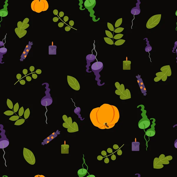 Pilze Und Pflanzenblätter Und Halloween Bonbons Cartoon Stil Auf Schwarzem — Stockvektor