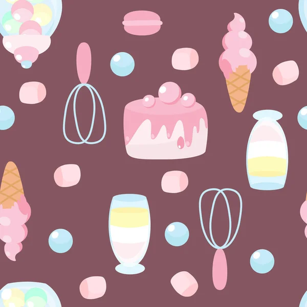 Nahtlose Muster Süßigkeiten Kuchen Sahnegelee Schneebesen Lutscher Marshmallows Macarons Cartoon — Stockvektor