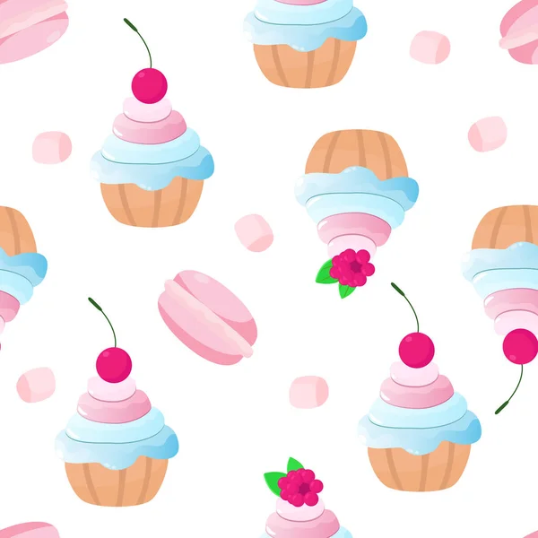 Naadloze Patroon Snoep Cupcakes Met Room Kersen Frambozen Malse Macarons — Stockvector