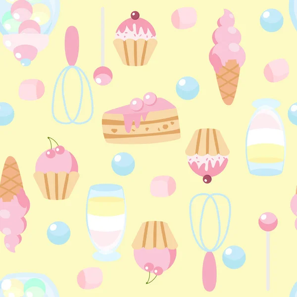 Nahtlose Muster Süßigkeiten Kuchen Eis Schneebesen Lutscher Marshmallows Pfannkuchen Cartoon — Stockvektor