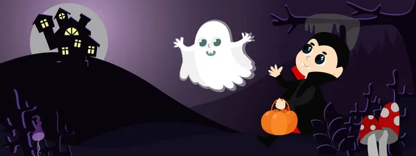 Pequeño Vampiro Fantasma Vienen Con Una Cesta Calabazas Contra Fondo — Archivo Imágenes Vectoriales