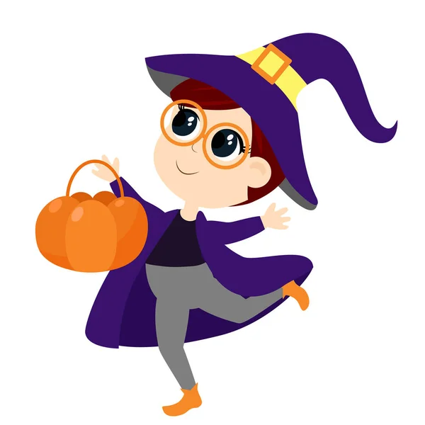 Child Wizard Costume Hat Runs Candy Basket Halloween Character Joyful — Stock Vector