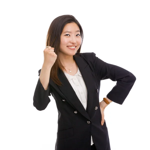 Happy business woman showing blow — Stock Photo, Image