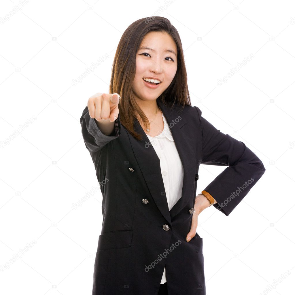 Young Asian business woman indicate camera.