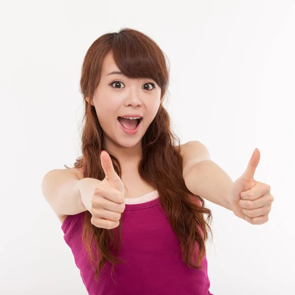 Young pretty Asian woman showing thumb. — Stock Photo, Image