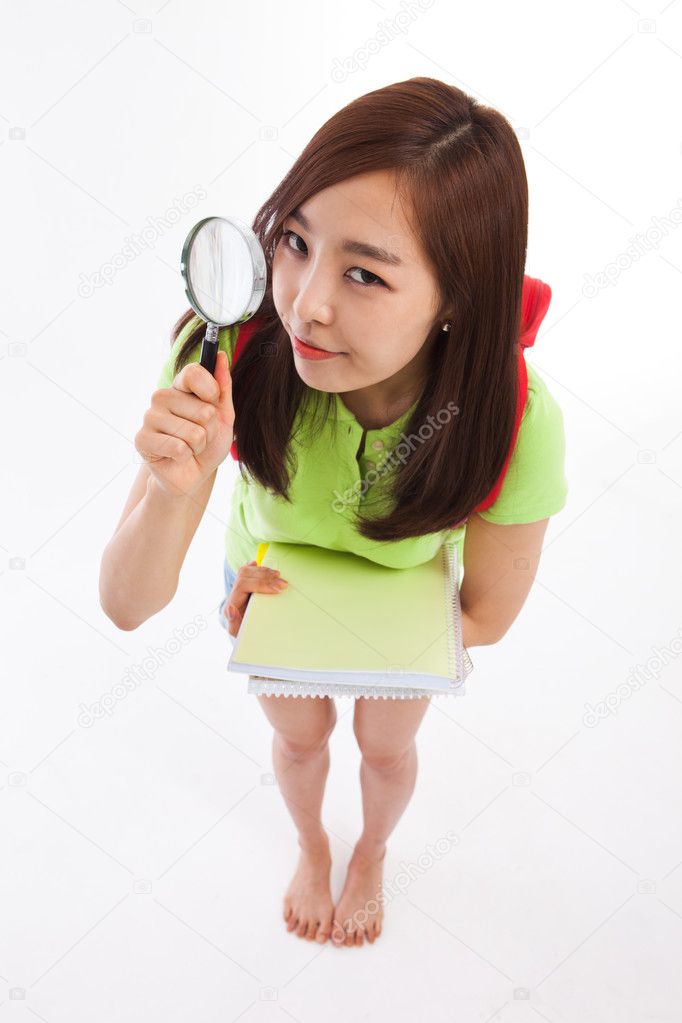 Asian young woman find something high angle shot.