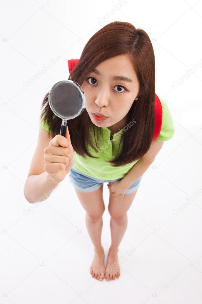 Asian young woman find something high angle shot.