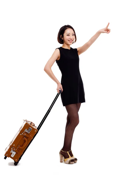 Cheerful businesswomen with travel bag — Stock Photo, Image