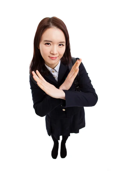 Junge asiatische Studentin schrie abbrechen Zeichen — Stockfoto