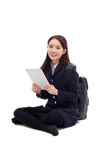 Yong pretty Asian student studying with tablet PC — Stock Photo, Image