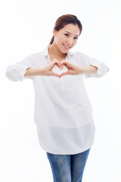 Güzel Asyalı casual kadın kalp şekli göster. — Stok fotoğraf