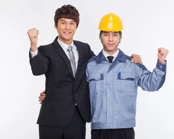 Asiático hombre de negocios e ingeniero manos arriba . — Foto de Stock