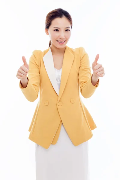 Framgångsrika glad asiatiska affärskvinna visar tummen. — Stockfoto