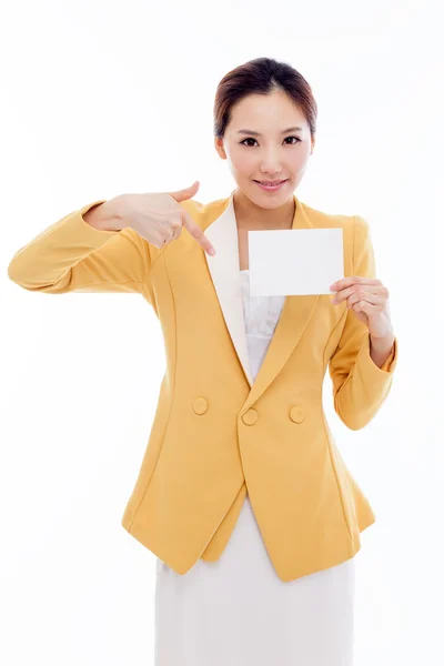 ビジネス女性表示空白カード. — ストック写真