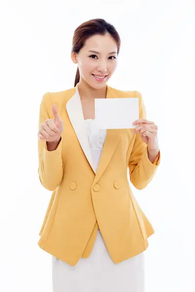 ビジネス女性表示空白カード. — ストック写真