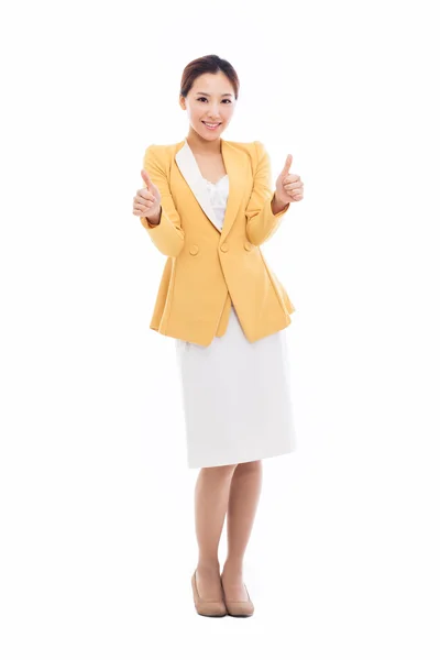 Éxito feliz asiático empresaria mostrando pulgar . —  Fotos de Stock