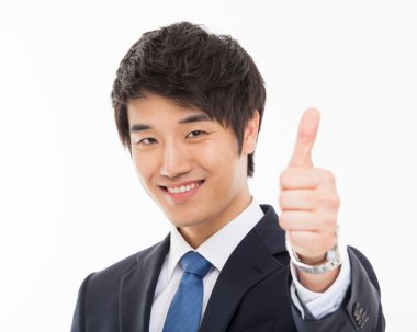 gösteren başparmak Asyalı genç iş adamı yakın atış