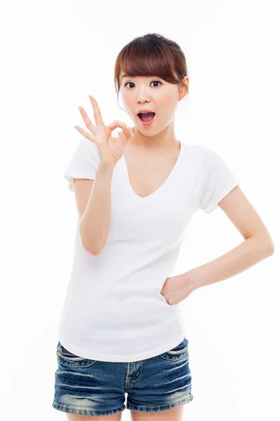 Cute woman with okay hand gesture — Stock Photo, Image