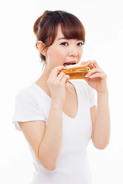 Young Asian woman eat sandwhich. — Stock Photo, Image
