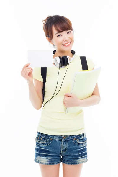 Young Asian student showing empty card. — Stock Photo, Image