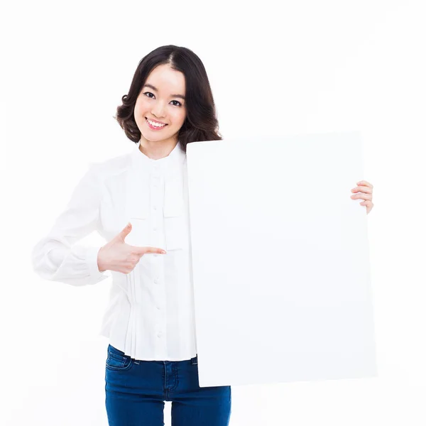 Young Asian woman holding a white borad — Stock Photo, Image