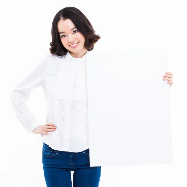 Young Asian woman holding a white borad — Stock Photo, Image