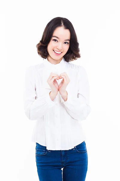 Beautiful Asian casual woman show heart shape. — Stock Photo, Image