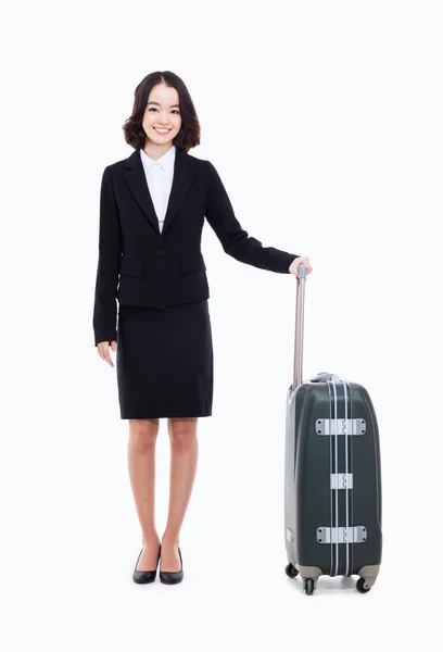 Fröhliche Geschäftsfrauen mit Reisetasche — Stockfoto