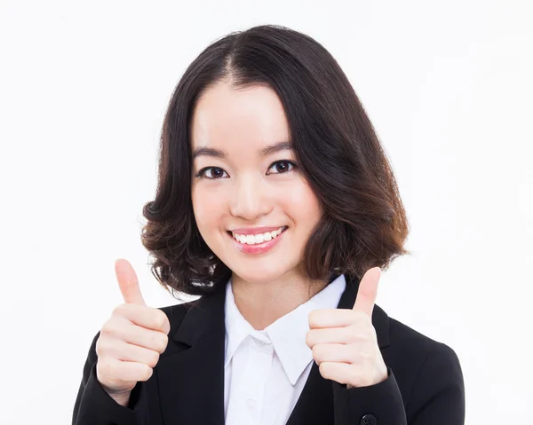 Éxito feliz asiático empresaria mostrando pulgar . — Foto de Stock