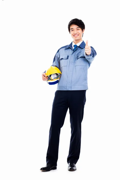 Joven ingeniero asiático mostrando pulgar . — Foto de Stock