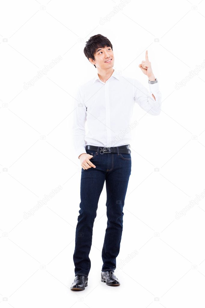 Young asian man indicated upside