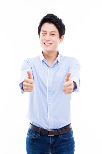 Junger asiatischer Mann zeigt Daumen. — Stockfoto