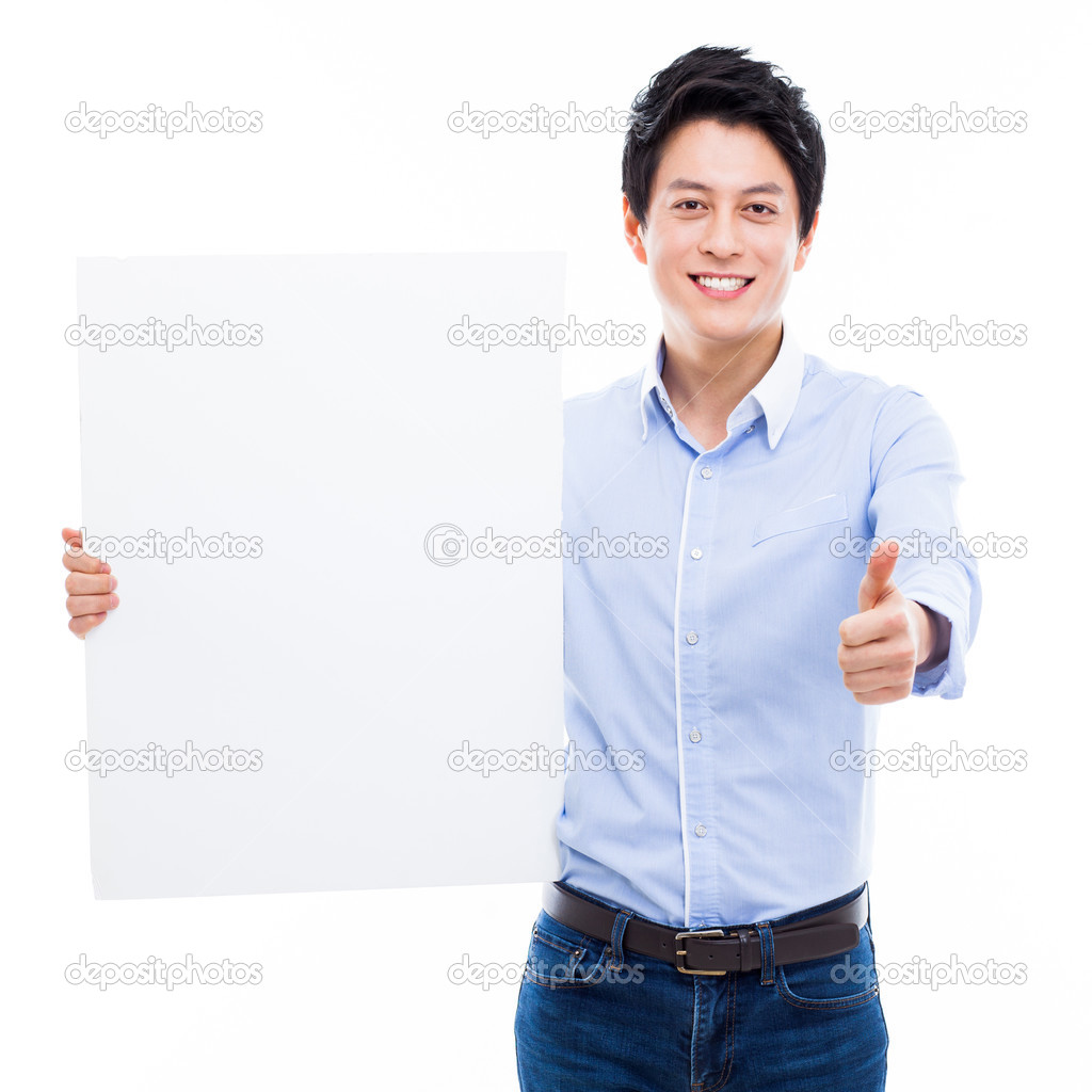 Young Asian man showing a pannel card