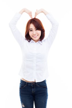 güzel Asyalı casual kadın kalp şekli göster.