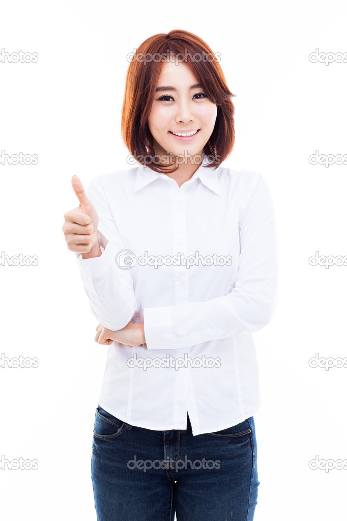 Young Asian woman showing thumb.