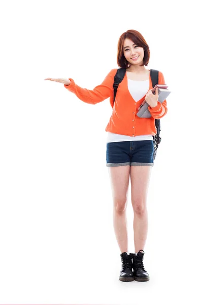 Young Asian student woman showing something — Stock Photo, Image