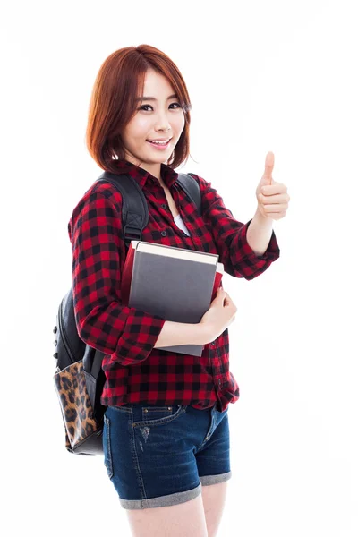 Mladý šťastný asijská studentka ukazují palec. Stock Snímky
