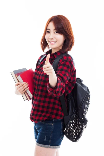 Fiatal, boldog ázsiai diák megjelenítése hüvelykujj. Stock Fotó
