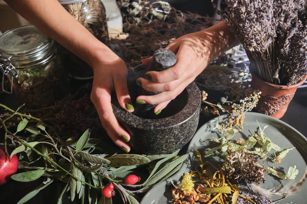Kız kuru otları havanda öğütüyor. Çay, ilaç ve konserve yapmak için kurutulmuş otların karışımının hazırlanması. Beden eğitimi, alternatif tıp.. 