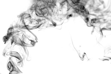 Çarpık duman bulutları, beyaz arka planda siyah duman hareketi. Soyut duman çizgileri 