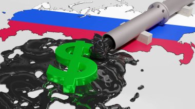 Rus petrolüne yapılan ödemenin Amerikan doları cinsinden 3D çizimi. Rus petrolüne bağımlılık kavramı. 