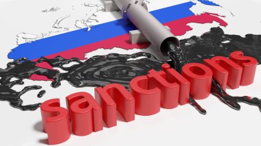 Rus petrol kaynaklarına uygulanan yaptırımların 3 boyutlu çizimi. Rus petrolüne bağımlılık kavramı. Rusya 'ya karşı yaptırımlar. 